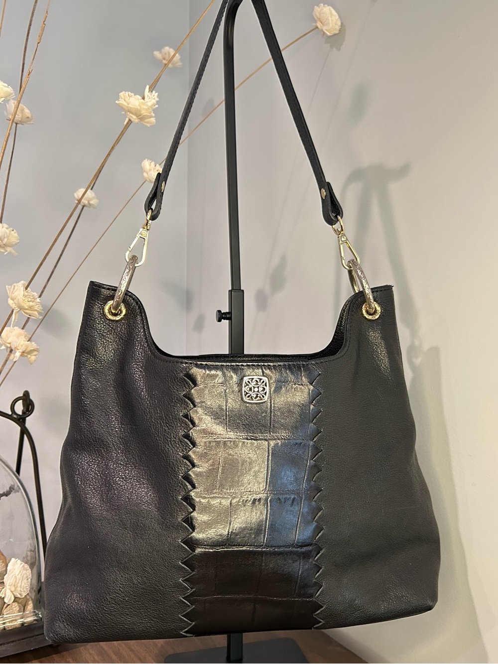 Brighton Registered Black Leather Croc Embossed Hobo Bag Braided Handle ✈️ 🇯🇵